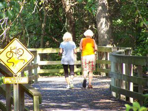 2 people walking across a wooden bridge on a wooded trail